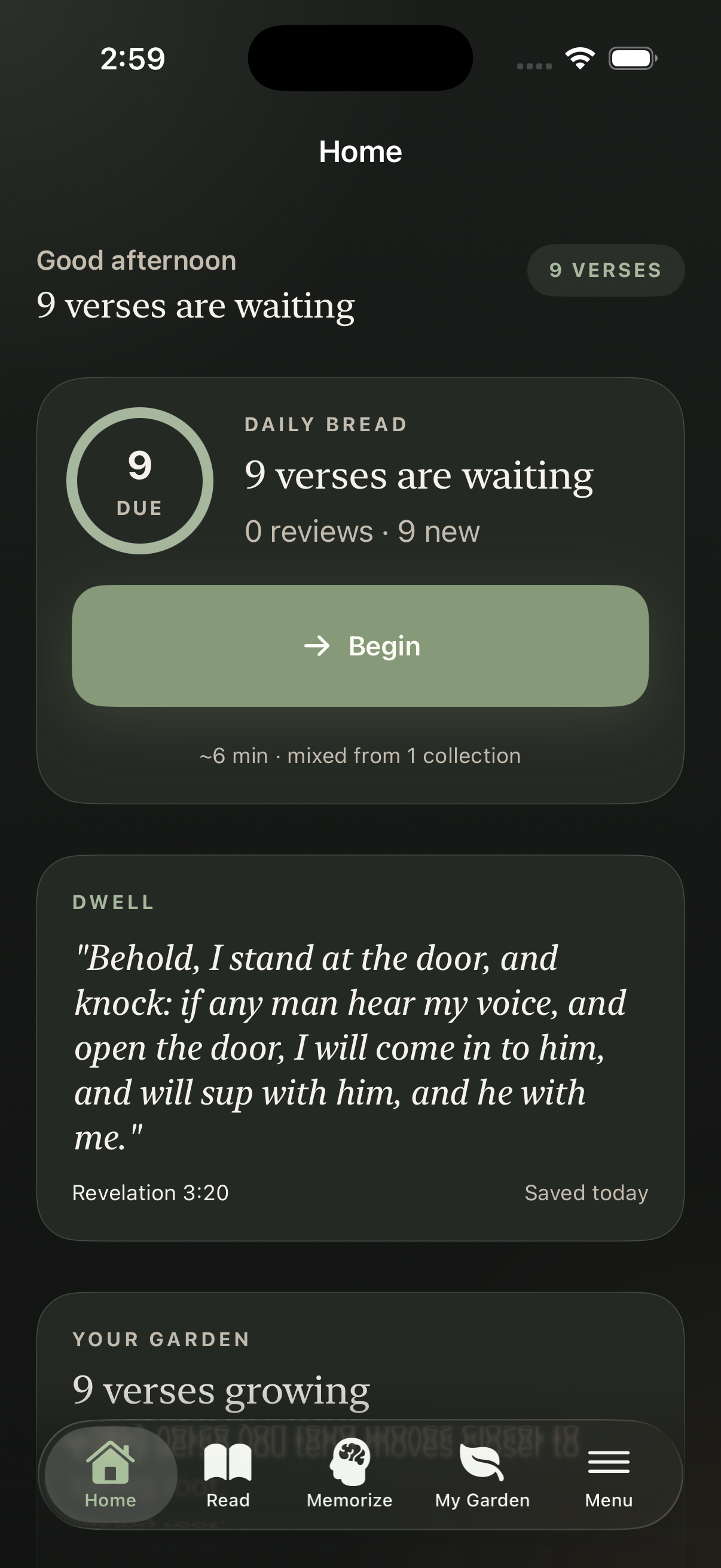 Rooted home screen showing daily practice and verse of the day
