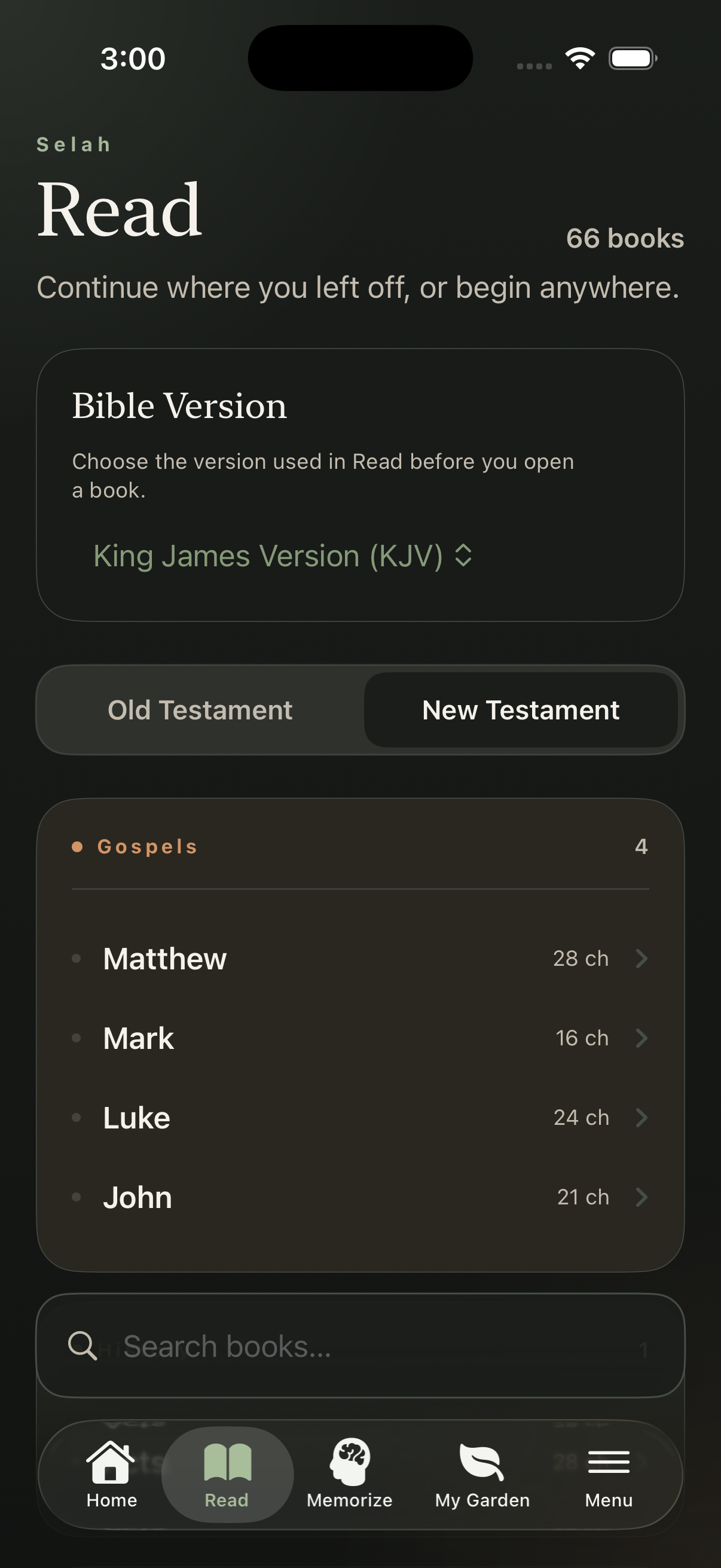 Bible reading view with Old and New Testament navigation